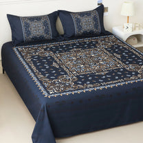 Story@home 300 TC Talespun Microfiber Dark Blue & Beige King Size Ethnic Bedsheet with 2 Pillow Covers