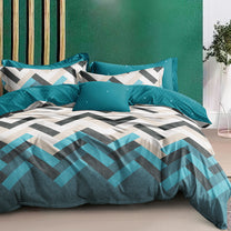 Boho Styled 240 TC Cyan Blue & White Geometric Double Size Bedsheet With 2 Pillow Covers