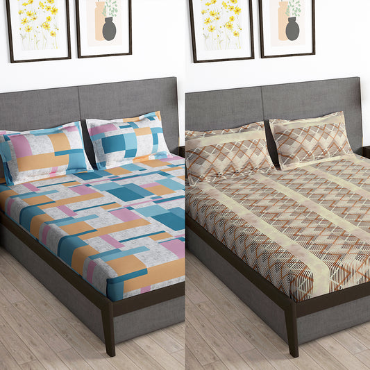 Story@Home 2 Pcs Arena Microfiber Double Bedsheet Combo With 4 Pillow Covers - Multicolor & Brown