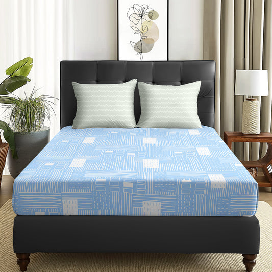 Arena 160 TC White & Sky Blue Abstract Double Size Bedsheet With 2 Pillow Cover