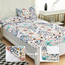 Boho Styled 240 TC White & Blue Abstract Queen Fitted Bedsheet With 2 Pillow Covers