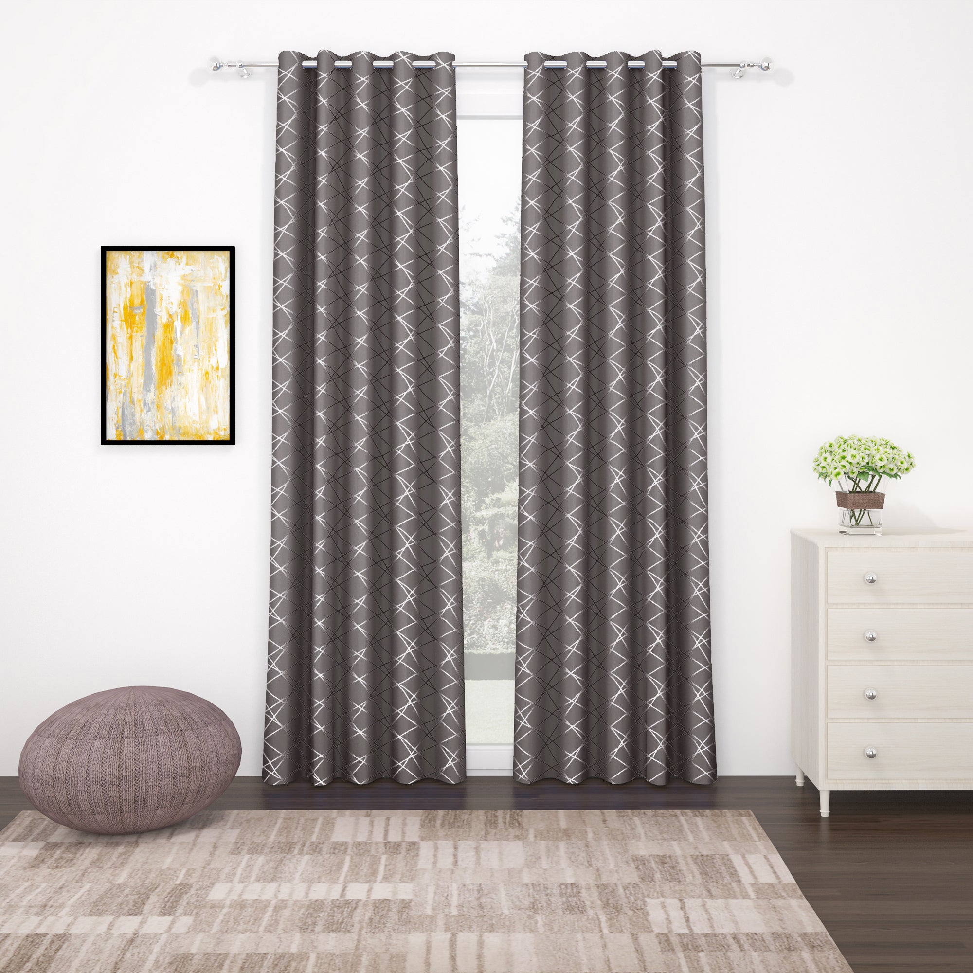 2 Pcs Blackout Foil Grey & Silver Criss Cross Window/Door/Long Door Curtains