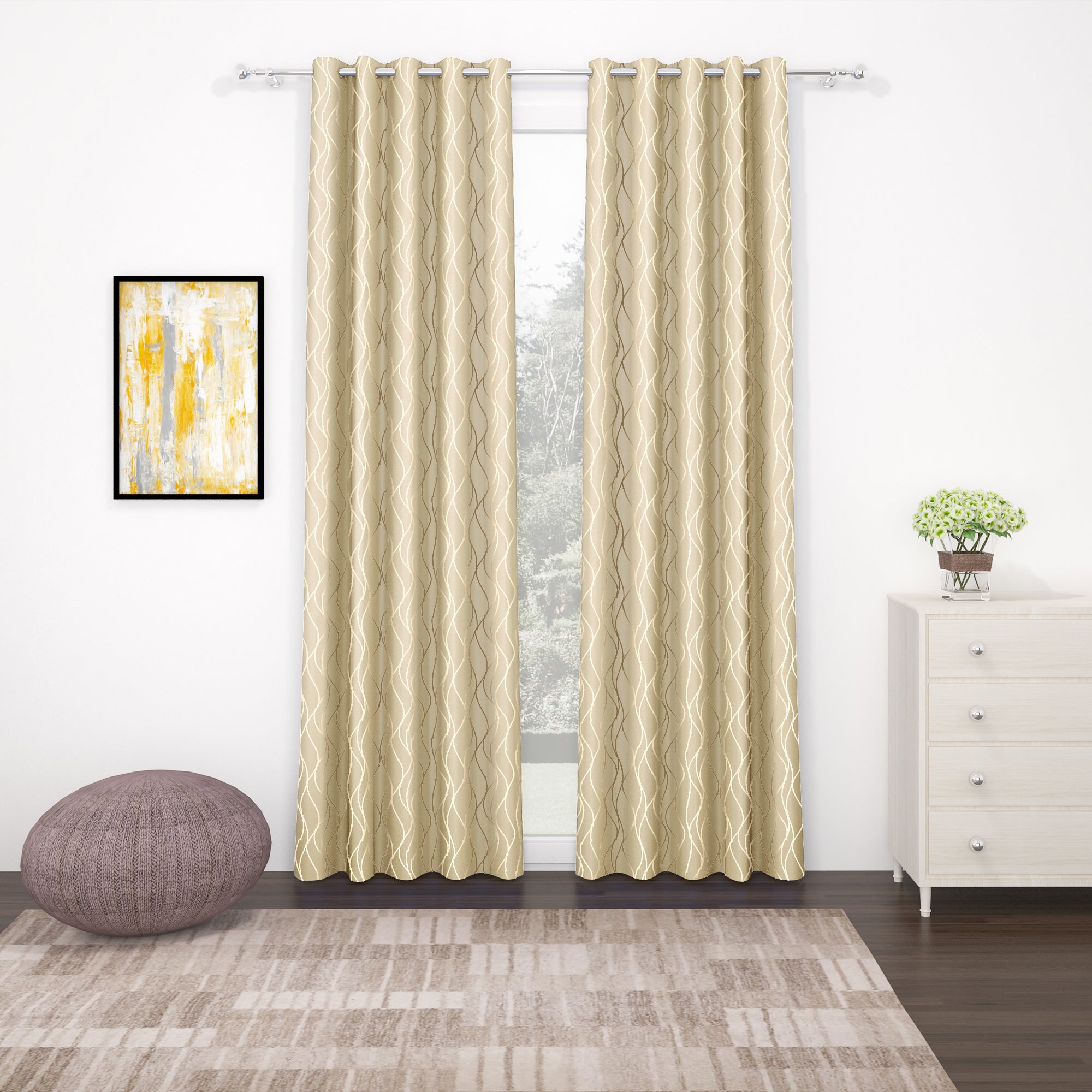 2 Pcs Blackout Foil Beige & Golden Curvy Line Dots Window/Door/Long Door Curtains