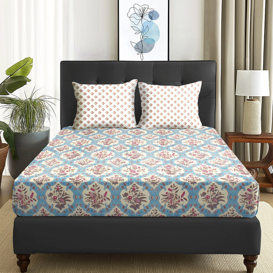 Arena 160 TC Cream & Blue Floral Double Size Bedsheet With 2 Pillow Cover