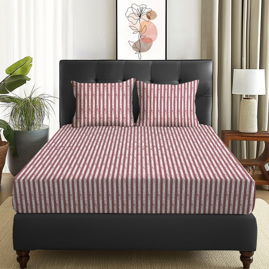 Arena 160 TC Maroon Stripes Double Size Bedsheet With 2 Pillow Cover