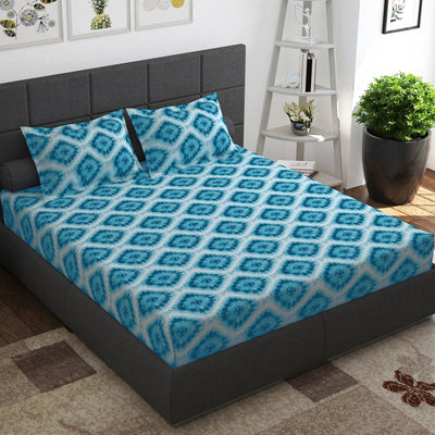 144 TC 100% Cotton Blue Queen Fitted Bedsheet