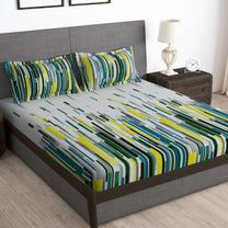 Arena 186 TC Grey & Lime Queen Size Fitted Bedsheet With 2 Pillow Cover