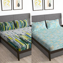 Story@Home 2 Pcs Arena Microfiber Double Bedsheet Combo With 4 Pillow Covers - Grey & Mint green