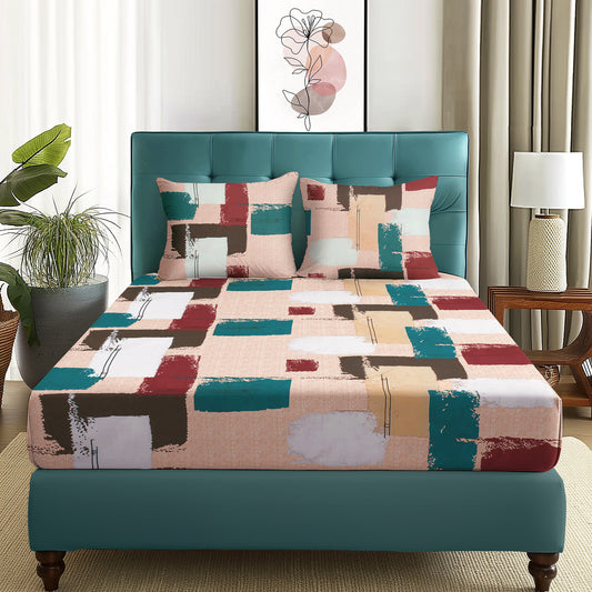 Arena 160 TC Peach Abstract Double Size Bedsheet With 2 Pillow Cover
