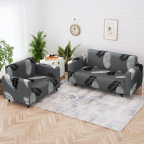 Sofa Cover Combo – 1 Pc 2 Seater and 1 Pc 3 Seater Elastic Stretchable in Grey & White Leaf Pattern by Story@Home