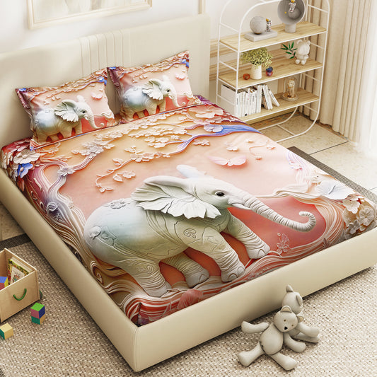 Story@Home Treedee 240 TC Pink & White Double Size Cute Elephant Bedsheet With 2 Pillow Cover