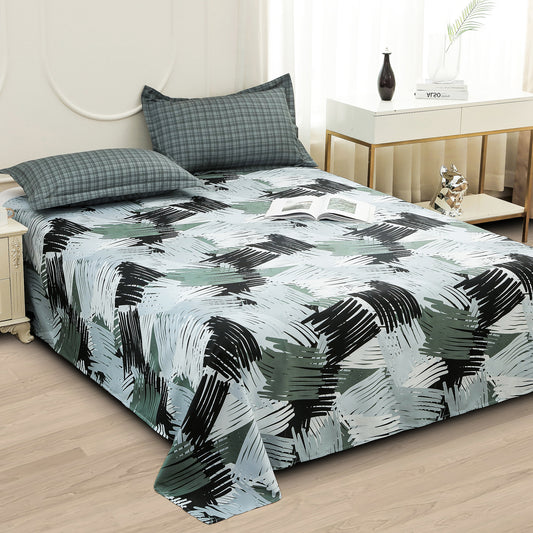 Story@home 240 TC Color Army Green Abstract Double Size Bedsheet With 2 Pillow Covers