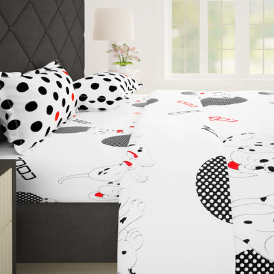 Metro 186 TC Cotton White Cartoon Dog Bedsheet with Pillow Covers