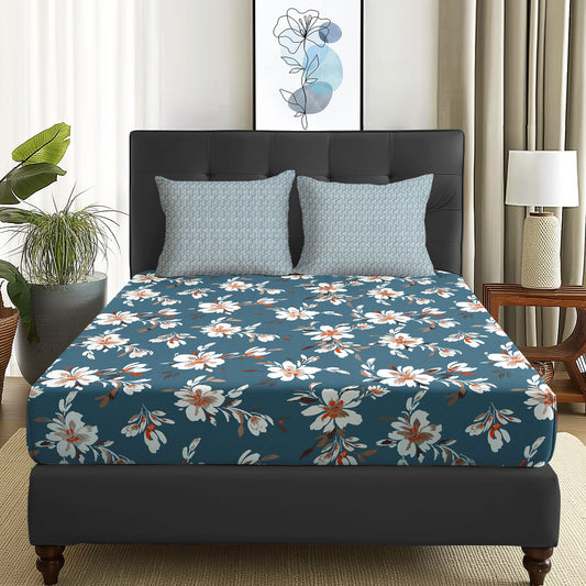 Arena 160 TC Green & White Floral Double Size Bedsheet With 2 Pillow Cover