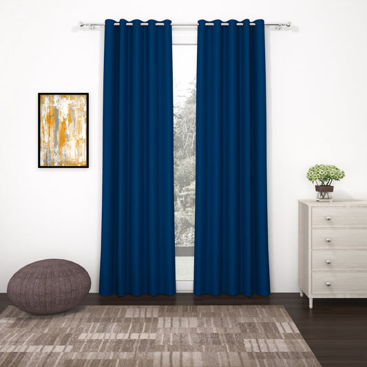 2 Pcs Blue Blackout Faux Silk Room Darkening Window/Door/Long Door Curtains