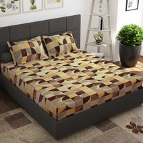 Ventura 144 TC 100% Cotton Brown & Yellow Abstract Double Bedsheet