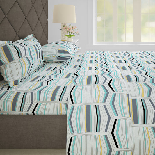 Metro 186 TC Cotton White Graphic Double Bedsheet with Pillow Covers