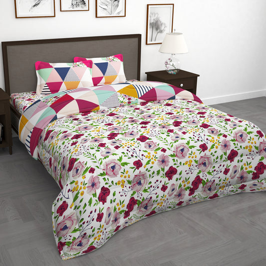 Pink Floral Microfiber Double Size Bedding Combo - Double Bedsheet & Double Comforter