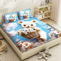 Story@Home Treedee 240 TC Blue & White Double Size Teddy Bear Bedsheet With 2 Pillow Cover