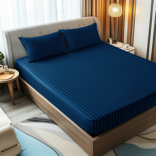 Story@Home 300 TC Navy Blue Microfiber Fitted Bedsheet with 2 Pillow Covers