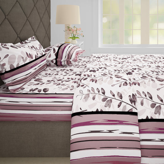 Metro 186 TC Cotton Mauve Leaf Double Bedsheet with Pillow Covers