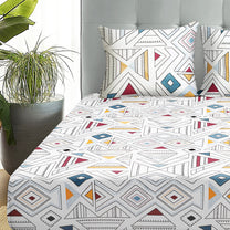 Boho Styled 240 TC White Geometric Double Size Bedsheet With 2 Pillow Covers