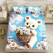 Story@Home Treedee 240 TC Blue & White Double Size Teddy Bear Bedsheet With 2 Pillow Cover