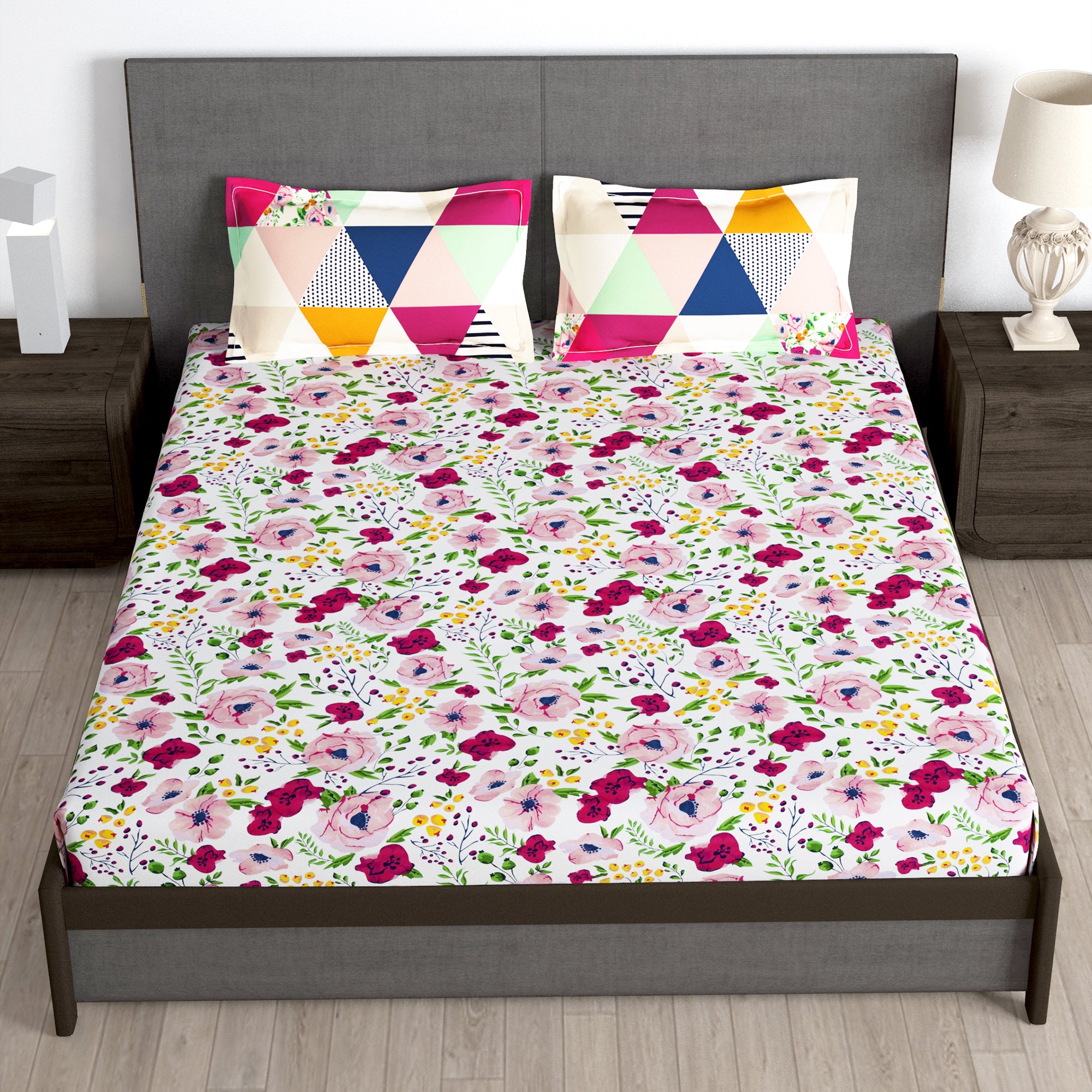 Story@Home 2 Pcs Arena Microfiber Double Bedsheets Combo With 4 Pillow Covers - Multicolor & Pink
