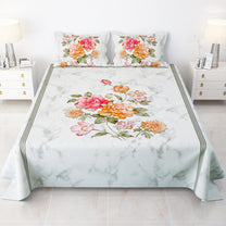 Story@home 240 TC Talespun Gold Microfiber White & Grey King Size Marble Floral Bedsheet with 2 Pillow Covers