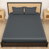 Aster 300 TC Dark Grey Double Size Striped Bedsheet With 2 Pillow Cover