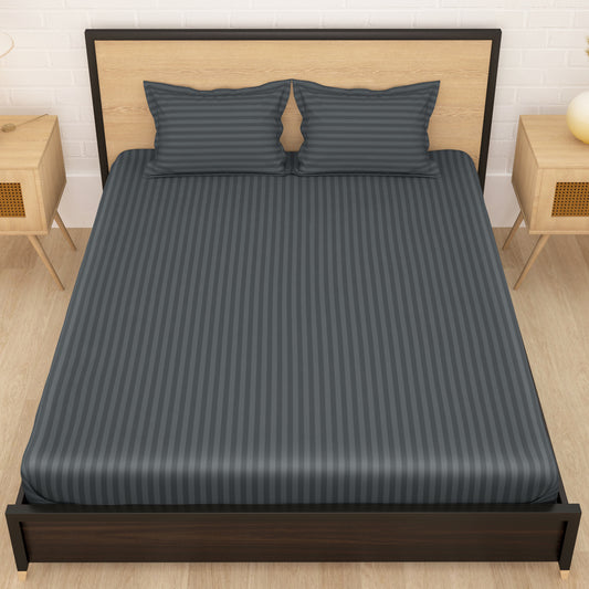 Aster 300 TC Dark Grey Double Size Striped Bedsheet With 2 Pillow Cover