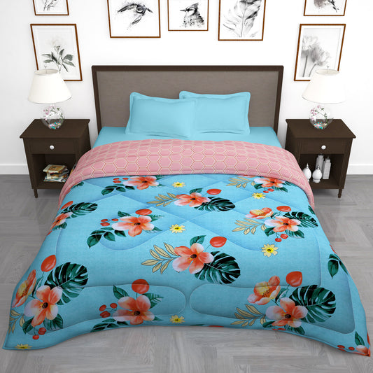 180 GSM Sky Blue Floral Microfiber Fusion Reversible Double Comforter