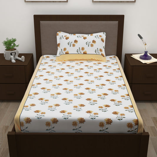 Sparkle 144 TC 100% Cotton White & Mustard Yellow Single Bedsheet Combo | Set of 2 |