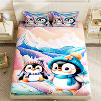 Story@Home Treedee 240 TC Pink & Blue Double Size Penguin Bedsheet With 2 Pillow Cover