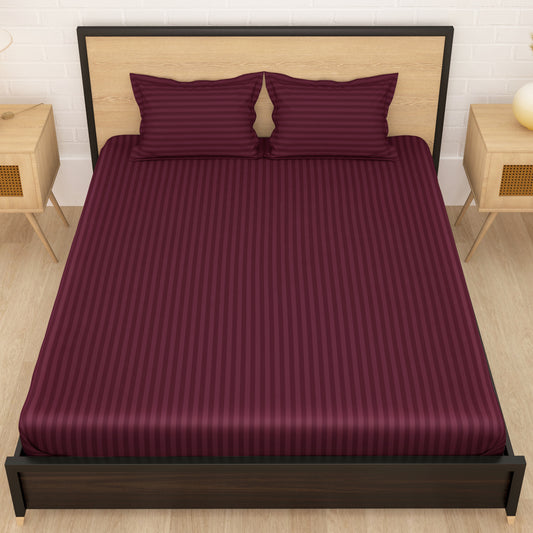 Aster 300 TC Dark Maroon Double Size Striped Bedsheet With 2 Pillow Cover