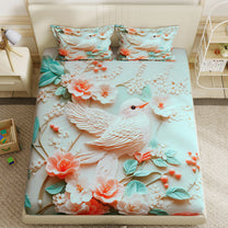 Story@Home Treedee 240 TC Light Green & White Double Size Bird Bedsheet With 2 Pillow Cover
