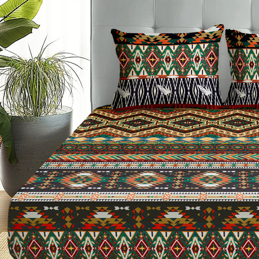 Boho Styled 240 TC Multicolor Geometric Double Size Bedsheet With 2 Pillow Covers