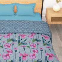 180 GSM Light Blue & Pink Floral Microfiber Fusion Reversible Double Comforter