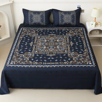 Story@home 300 TC Talespun Microfiber Dark Blue & Beige King Size Ethnic Bedsheet with 2 Pillow Covers