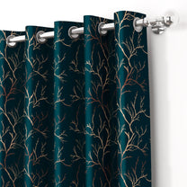 2 Pcs Blackout Foil Navy Blue & Copper Branches Window/Door/Semi Long Door/Long Door Curtains