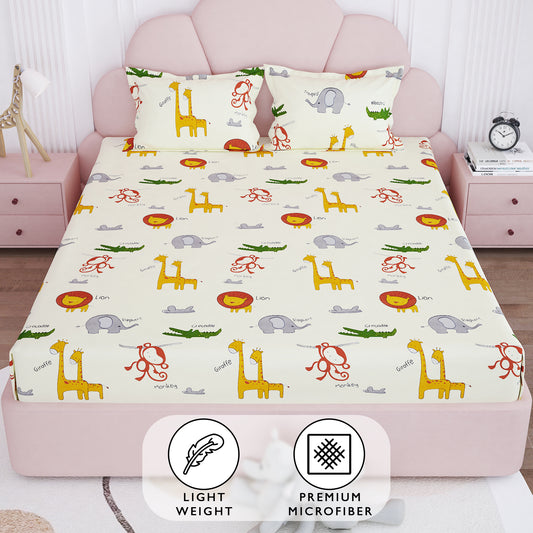 Arena Kids 180 TC Off White & Brown Double Size Bedsheet With 2 Pillow Cover