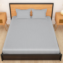 Aster 300 TC Light Grey Double Size Striped Bedsheet With Two Pillow Cover