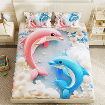 Story@Home Treedee 240 TC Pink & Blue Double Size Dolphins Bedsheet With 2 Pillow Cover