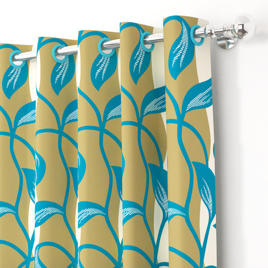2 Pcs Nature Floral Turquoise Polyester Window and Door Curtains
