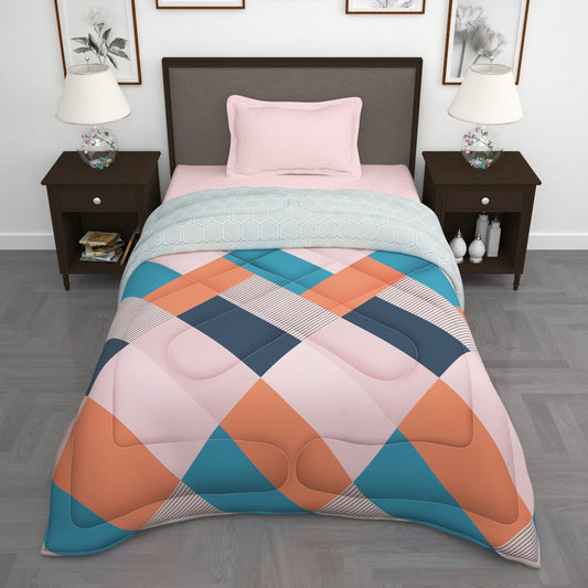 180 GSM Light Orange Abstract Microfiber Fusion Reversible Single Comforter