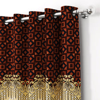 2 Pcs Dark Brown & Ivory Nature Ethnic Print Polyester Window,Door & Long Door  Curtains
