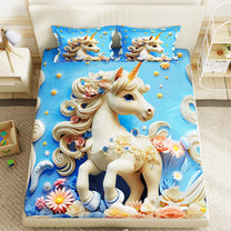 Story@Home Treedee 240 TC White & Blue Double Size Unicorn Bedsheet With 2 Pillow Cover