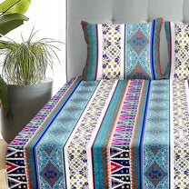 Boho Styled 240 TC Blue & White Geometric Double Size Bedsheet With 2 Pillow Covers