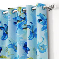 2 Pcs Blue Nature Floral Print Polyester Window and Door Curtains