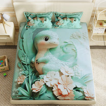Story@Home Treedee 240 TC Light Green Double Size Dinosaur Bedsheet With 2 Pillow Cover